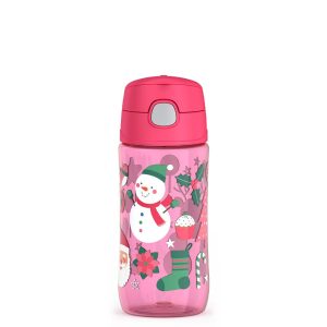 16oz THERMOS? KIDS PLASTIC WATER BOTTLE PINK SNOWMAN